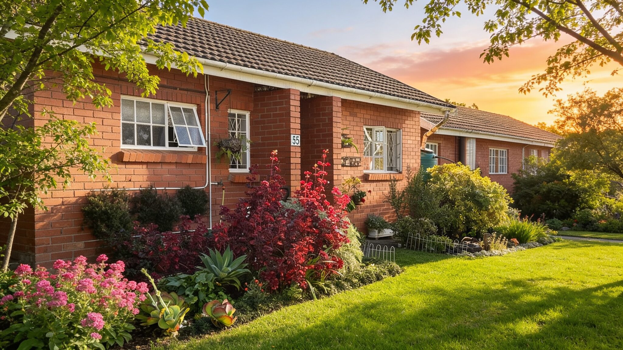 Brick retirement homes behind a landscaped flower garden at an SAVF retirement village
