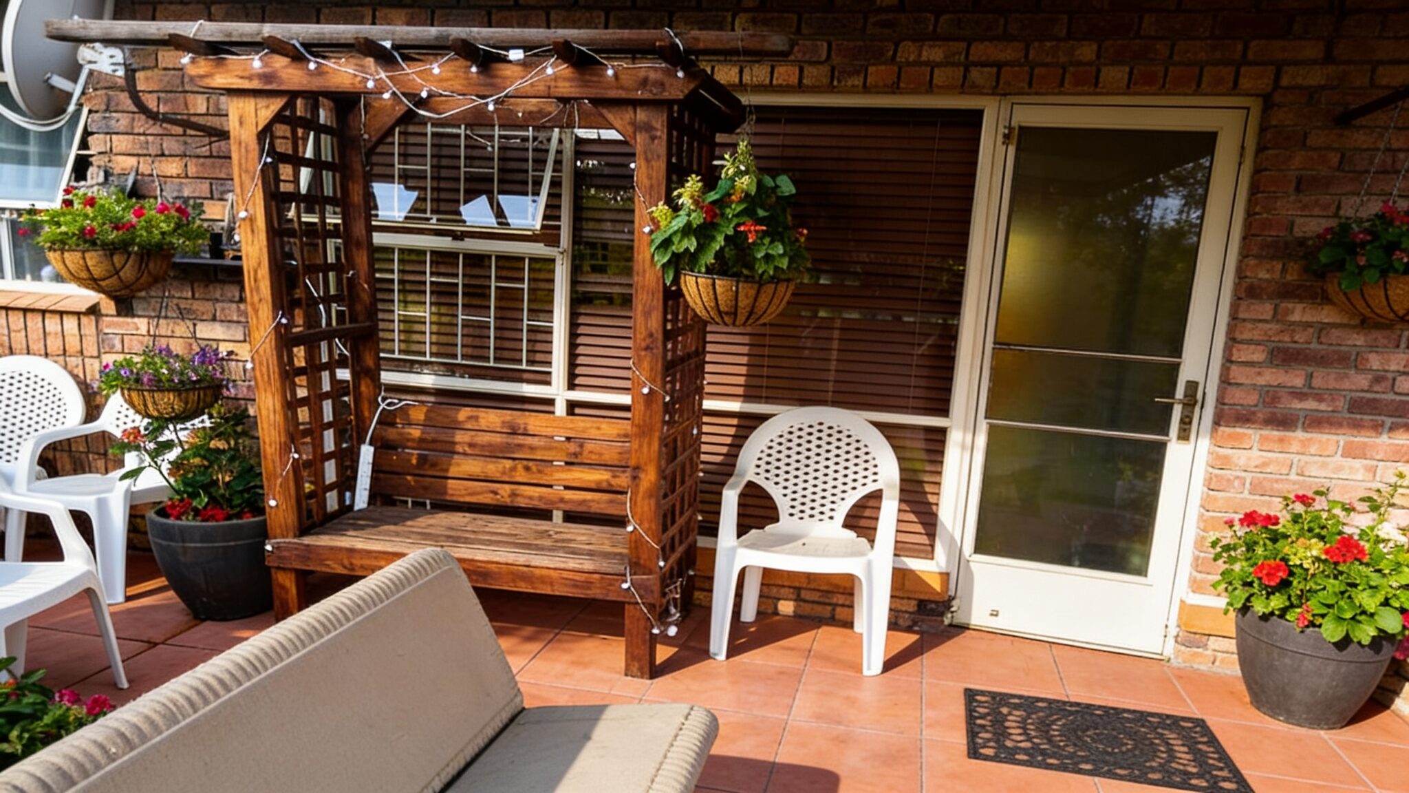 Covered patio with a wooden bench at an SAVF life right home